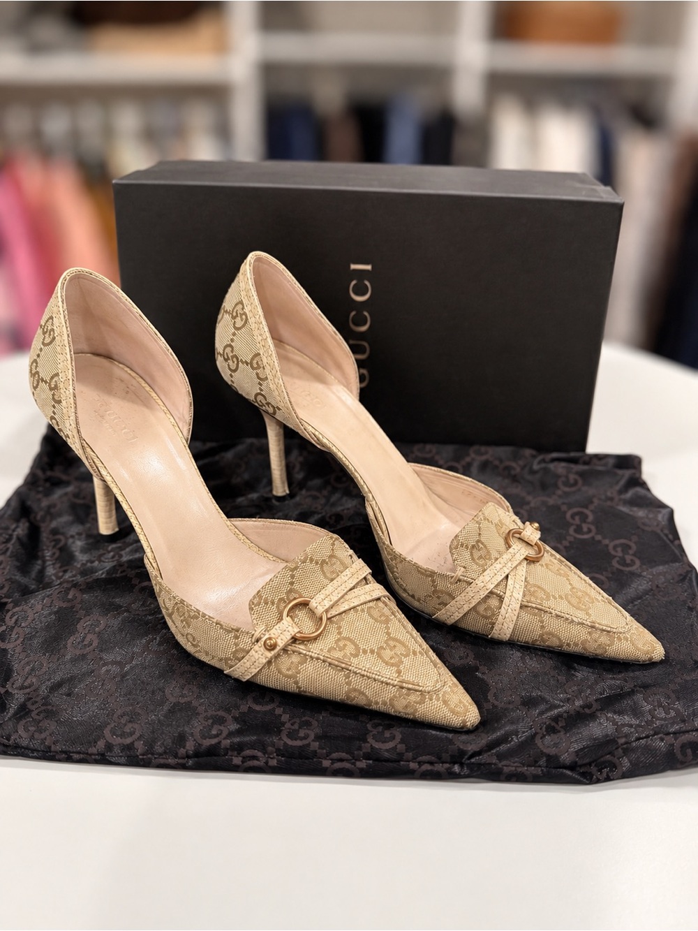 Gucci Tan GG Canvas Pointed-Toe Heels with Gold-Tone Bit